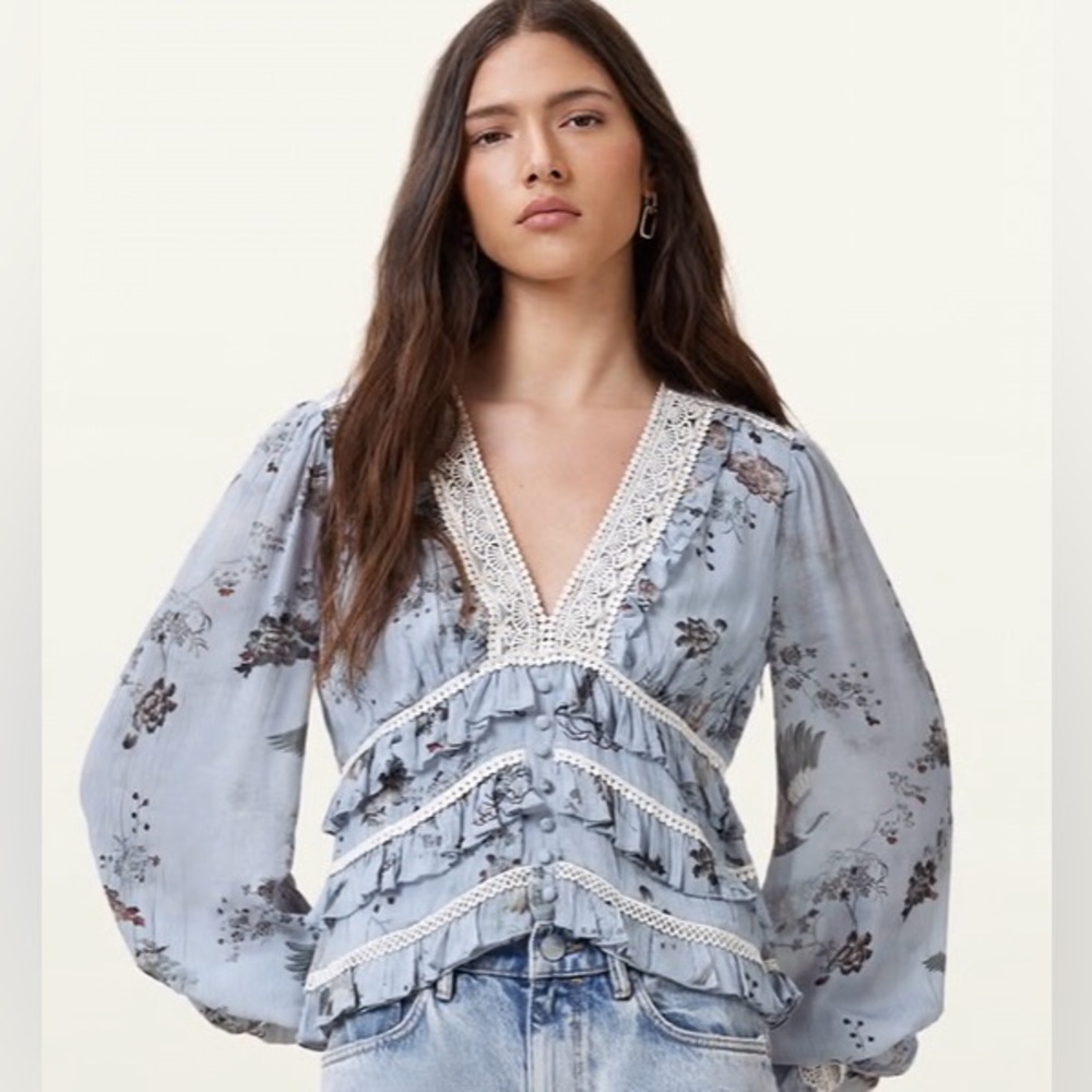 ALLSAINTS Zora Blue Tiered Floral Ruffled Blouse Top Lace Trim Boho Size 8 NWT
